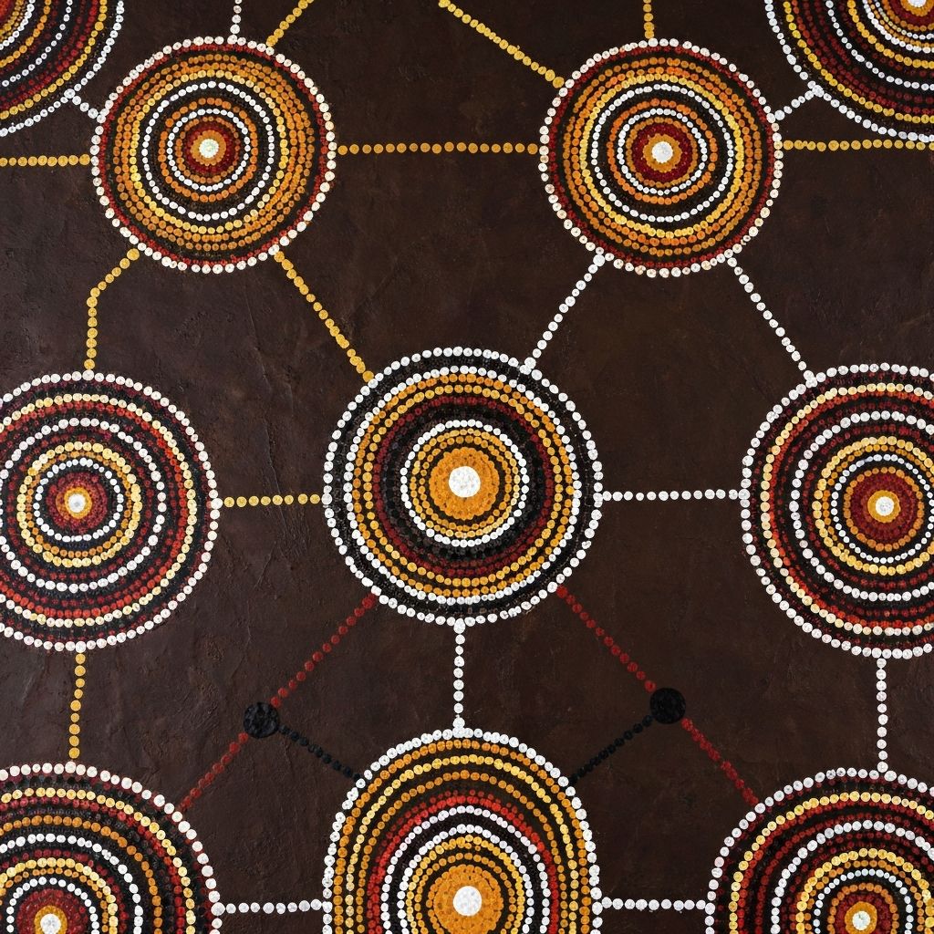 Traditional Aboriginal dot painting pattern with concentric circles in ochre, white, red and black